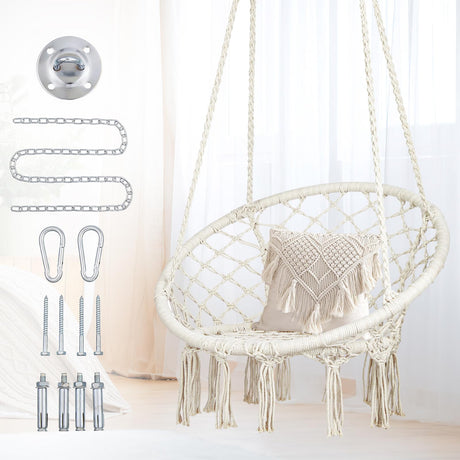 Macrame Hammock Chair Swing with Hardware Kits, Handmade Knitted Hanging Chair for Bedroom,Indoor,Outdoor, Balcony, Yard, Porch- 265 Pound Capacity -29.53" L x 29.53" W x 45.28" H Mertonzo