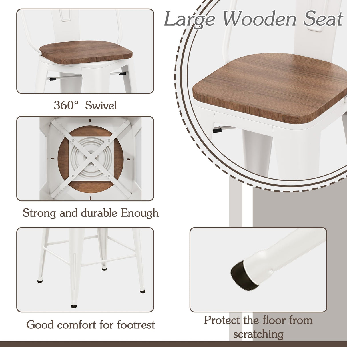 Alunaune 24" Swivel Metal Bar Stools Set of 4 High Back Counter Height Barstools Industrial Dining Bar Chairs with Large Wooden Seat-White Alunaune