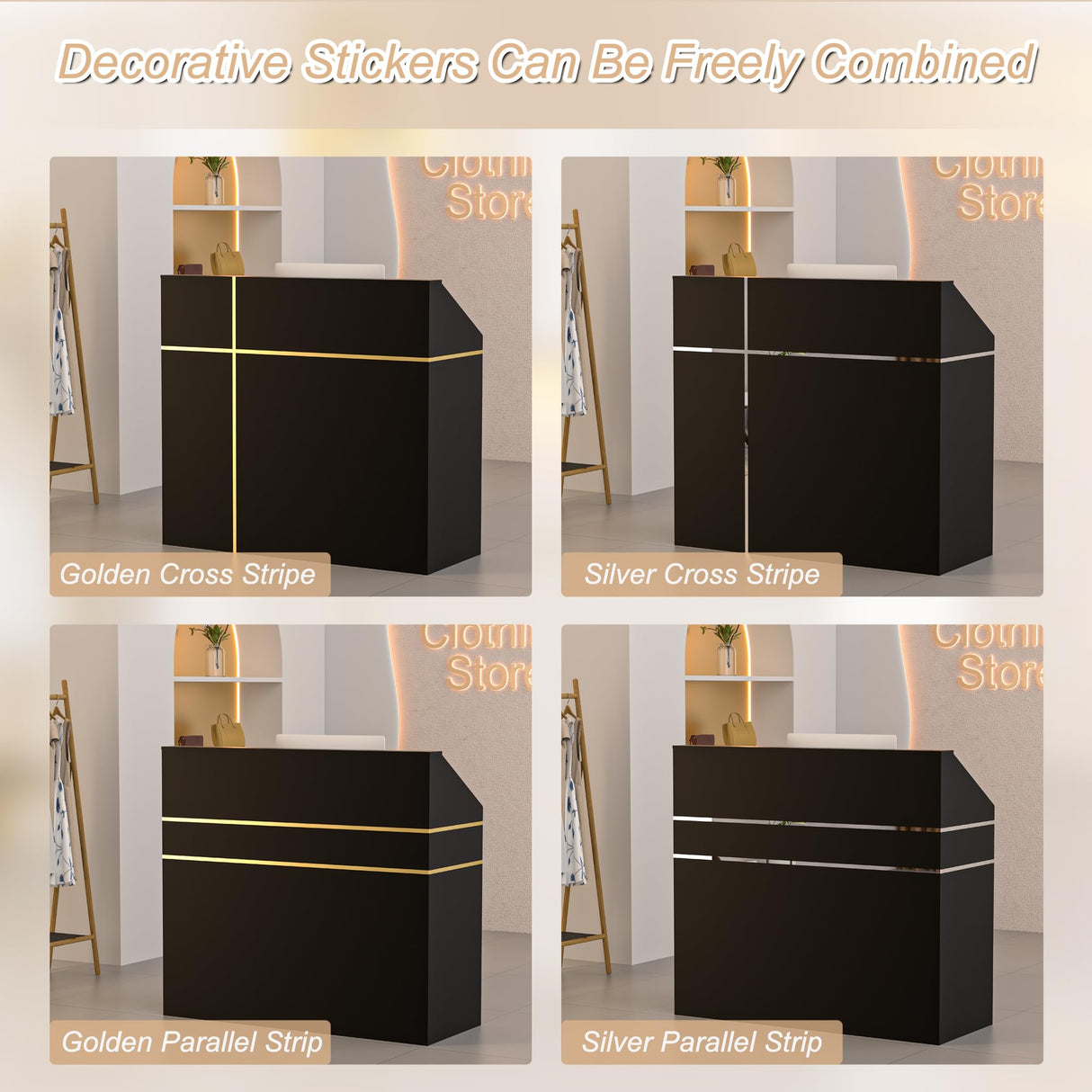 AHB Reception Desk with Counter, Modern Front Table Equipped Lockers & Storage Shelves, 48-inch Checkout Counter with DIY Stripe for Lobbies, Salons, Retail, Home Offices, Reception Room AHB