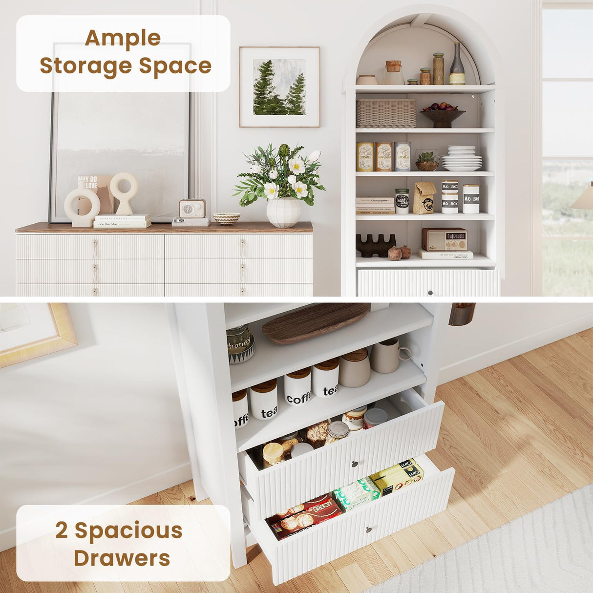 GOODONE 71" Tall Arched Bookcase - Arched Bookshelf with 2 Drawers & Adjustable Shelves, Tall Arched Storage Cabinet for Living Room, Kitchen，Home Office（White） GOODONE