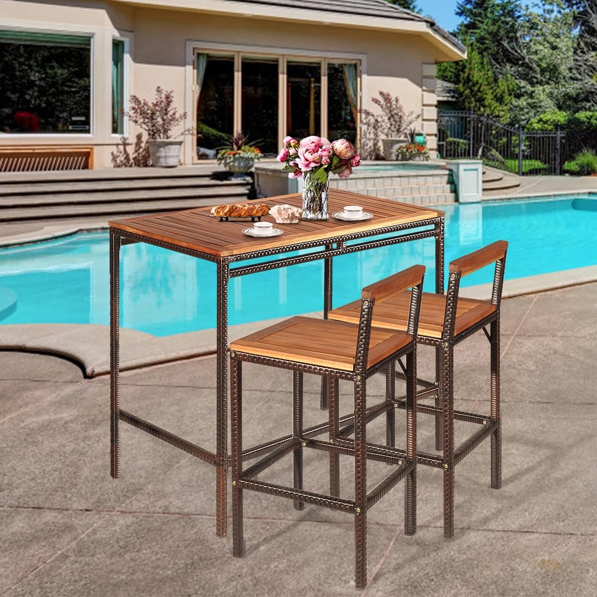 RELAX4LIFE 3-Piece Outdoor Bar Table Set, PE Rattan Wicker Bar Height Dining Table w/Acacia Wood Top & 2 Bar Stools Chairs w/Backrest Footrest, 3PCS Patio Bistro Set for Backyard Porch Poolside Garden RELAX4LIFE