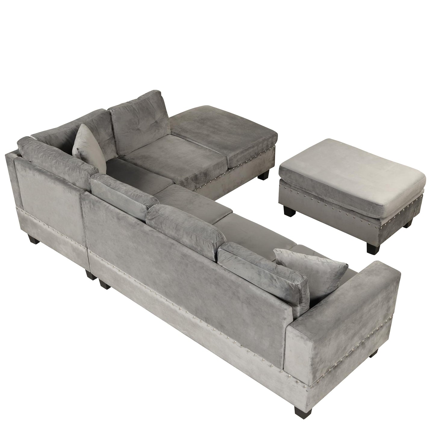 P PURLOVE Sectional Sofa with Reversible Chaise and 2 Pillows, Polyester L-Shaped Sofa with Storage Ottoman and Cup Holders, Sectional Couche Living Room Furniture Sets (Gray) - WoodArtSupply