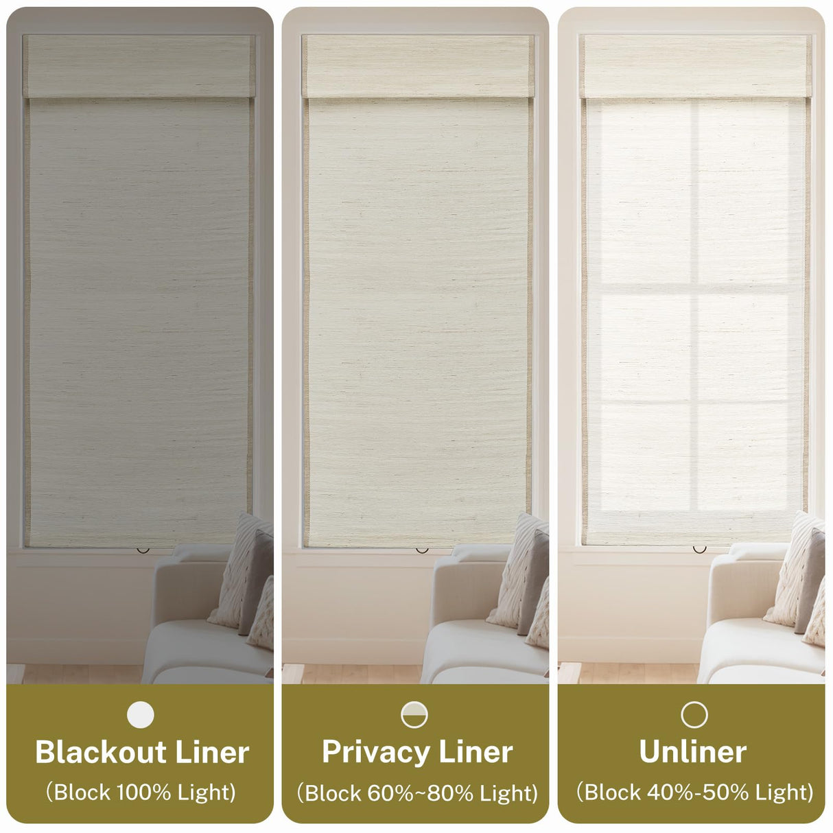 Moonice Cordless Custom Roman Shades for Window Blackout, Natural Woven Fabric Privacy Room Darkening Blinds, Thermal Insulated Window Blind Treatment for Bedroom Living Room, Beige moonice