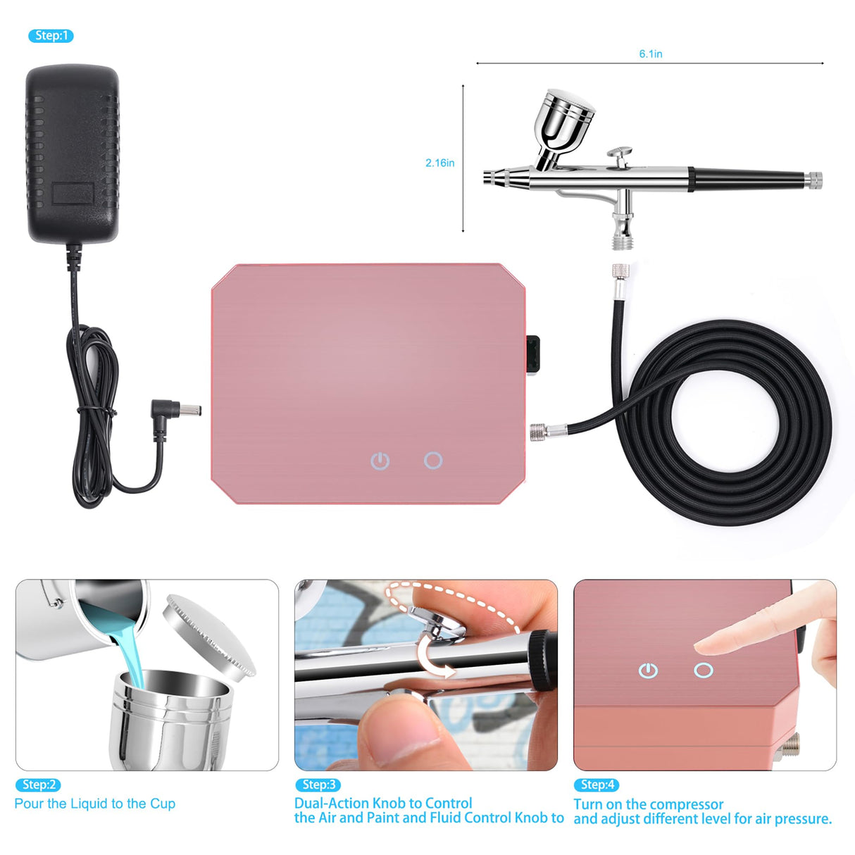 Gocheer Airbrush Kit with Air Compressor, 40 48 PSI High Pressure Air Brush Non-Clogging with 0.2/0.3/0.5mm Nozzle/Cleaning Sets, Ideal for Painting, Modeling, Cake Decor, Makeup (Pink, 40 PSI) Gocheer