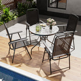 PUKAMI 6 Piece Folding Patio Dining Set with Umbrella, Outdoor Table and Chair with 4 Dining Chairs and Round Glass Table for Garden, Backyard and Deck, Black PUKAMI