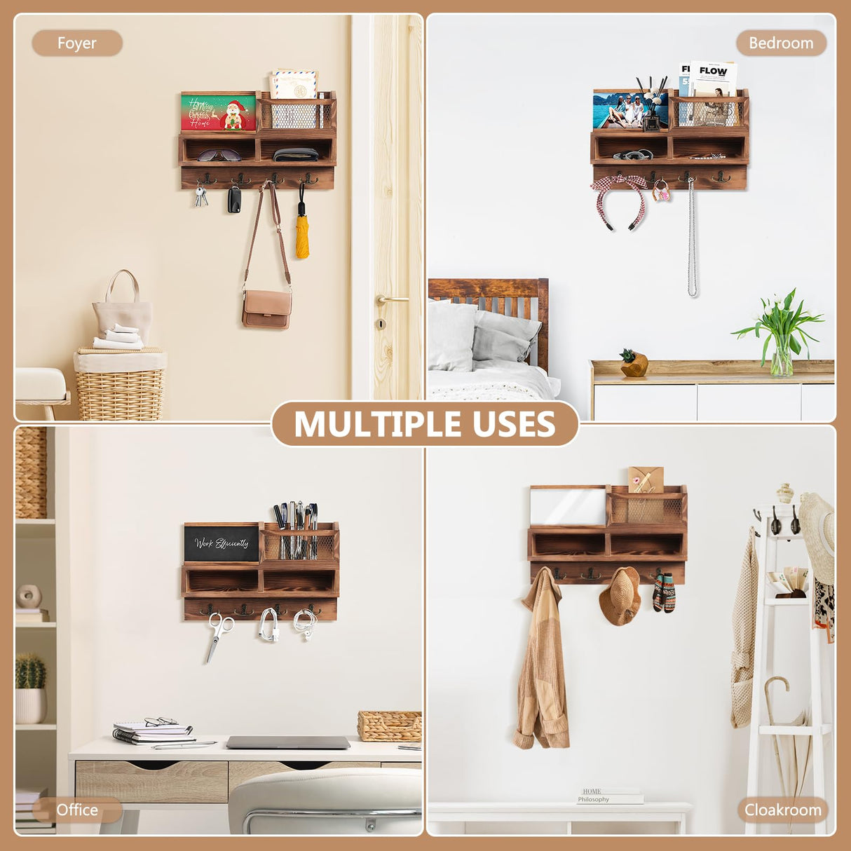 HOMEBROS Key Holder Wall Mount, Wooden Key Mail Holder with Chalkboard Mirror Greeting Cards Mail Key Organizer Storage Key Rack Shelf with 8 Key Hooks for Entryway Hallway Doorway HOMEBROS