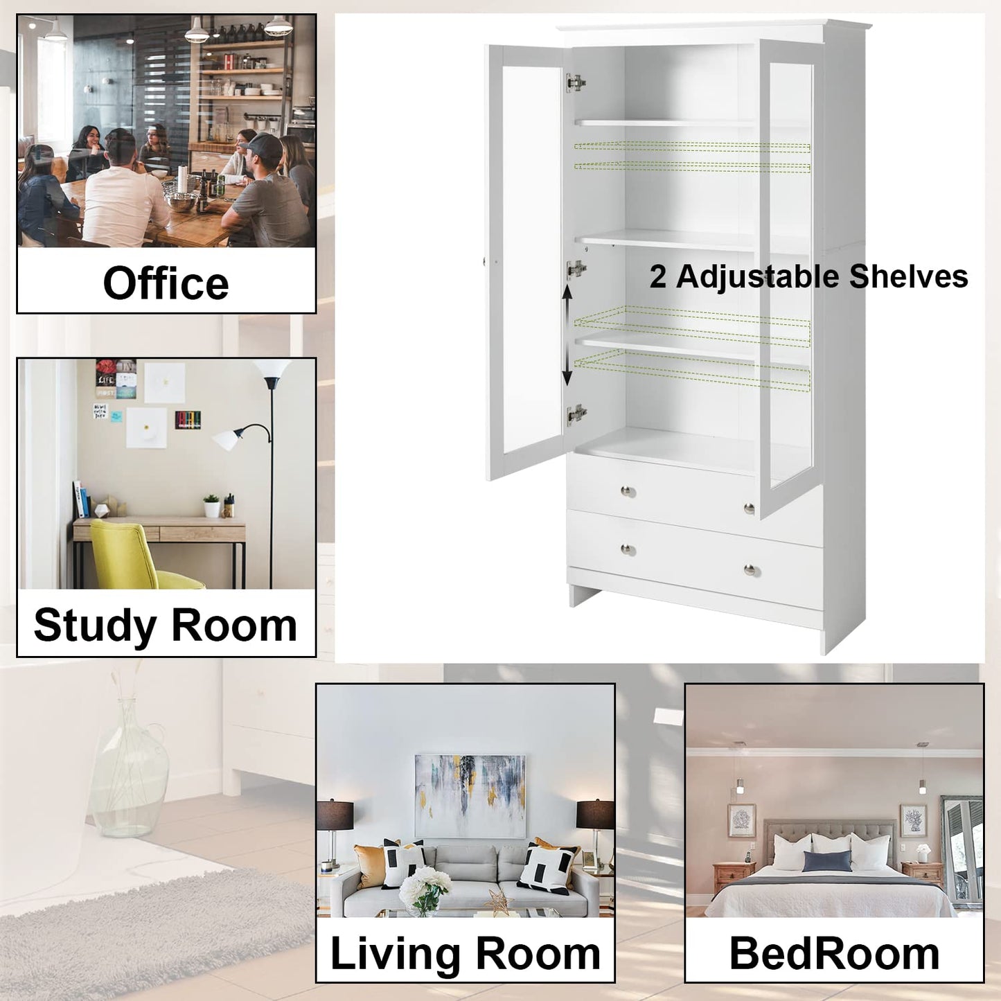 YIGOBUY White Bookcase with Glass Doors Tall Display Cabinet Wooden Bookshelf Organizer for Home Bedroom, Living Room, Office, Curio Cabinet Freestanding Kitchen Pantry