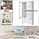 YIGOBUY White Bookcase with Glass Doors Tall Display Cabinet Wooden Bookshelf Organizer for Home Bedroom, Living Room, Office, Curio Cabinet Freestanding Kitchen Pantry YIGOBUY