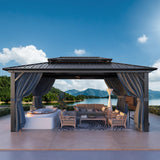 HOTEEL 10x15 Hardtop Gazebo with Flame-Retardant Curtain & Netting, Hot Tub Gazebo with Galvanized Steel Double Roof, Heavy Duty Permanent Pavilion Outdoor for Patio, Frame Thickened (Upgraded 3.0) Hoteel