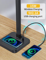 AKRRYR LED Desk Lamp for Home Office, Double Head 24W with USB Charging Port & Wireless Charger, Architect Light 5 Lighting Brightness Flexible Gooseneck Table Reading Study, Black AKRRYR
