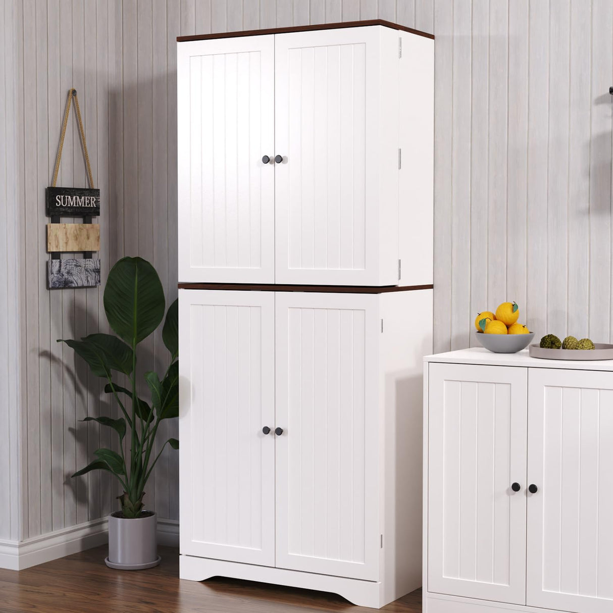 Furnify 72" Tall Kitchen Pantry, Farmhouse Pantry Storage Cabinet with Doors Organizer, Freestanding Cupboard with Adjustable Shelves, Rustic Buffet Cabinet for Kitchen, Dining Room, Bathroom, White Furnify