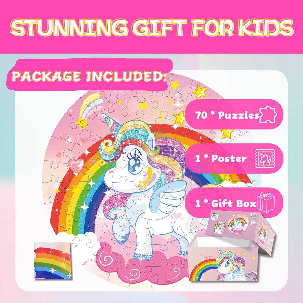 Unicorn Floor Puzzle for Kids Ages 3-5 Years Old: 70 Pieces Large Jigsaw Puzzles for Toddlers 4-8 Learning Educational Development Toys Game Girls Christmas Birthday Easter Gift FunPaxido