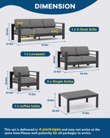 7 Seats Aluminum Patio Furniture Set, 5 PCS Outdoor Sectional Conversation Set with 4" Wide Armrest, Backyard Sectional Sofa Set with Coffee Table & Thick Cushions, Grey GAOMON