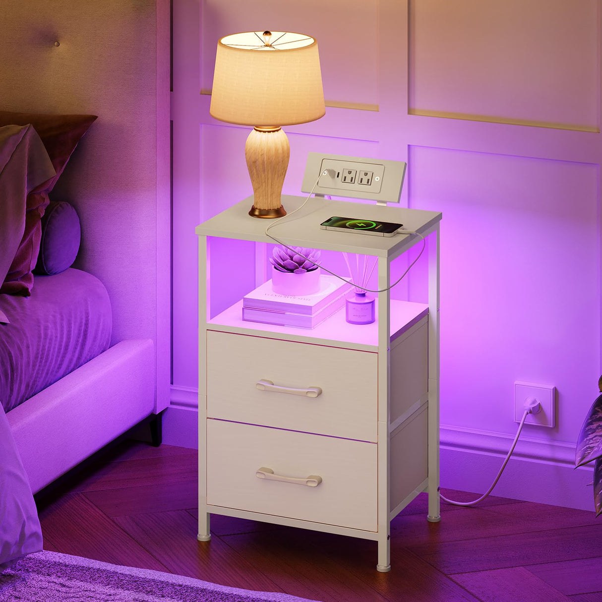 HOOBRO Nightstand with Charging Station, Bedside Table with LED Lights and 2 Fabric Drawers, End Table with 2 AC Outlets and USB Port, Small Night Stand for Bedroom, White WT118UDBZ01 HOOBRO