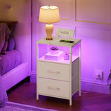 HOOBRO Nightstand with Charging Station, Bedside Table with LED Lights and 2 Fabric Drawers, End Table with 2 AC Outlets and USB Port, Small Night Stand for Bedroom, White WT118UDBZ01 HOOBRO