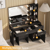 Fameill Vanity Desk with Lighted Mirror & Power Strip,Large Vanity Table with Glass top and Lots Storage,3 Drawer Makeup Desk with Hair Dryer Stand,3 Lighting Modes,Black Fameill