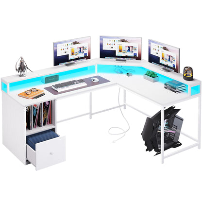 YITAHOME L Shaped Desk with Power Outlets & LED Lights, 67" Computer Desk with File Drawer, Corner Desk Home Office Desk with Monitor Stand & 3 Cubbies Storage Shelves, White - WoodArtSupply