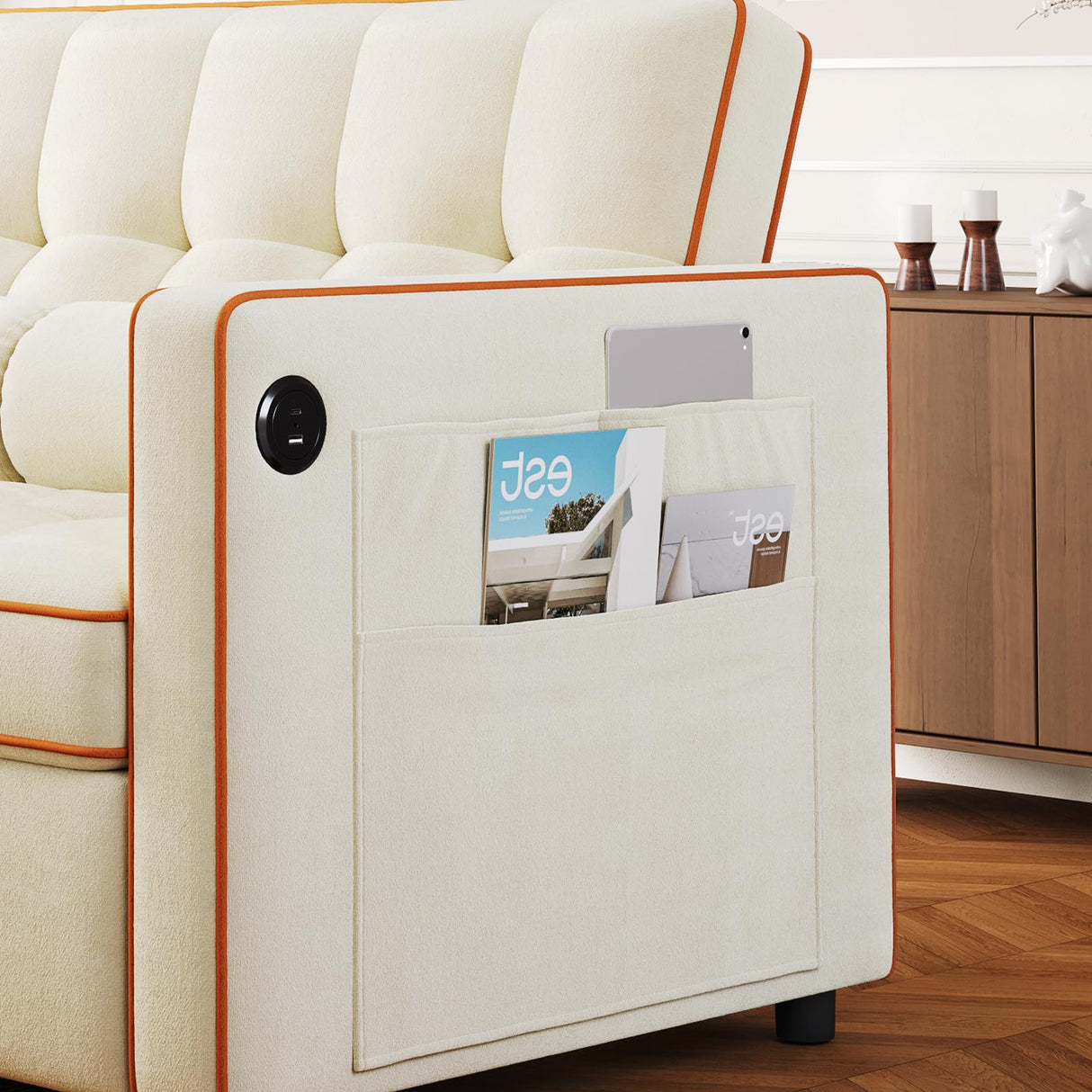 Amada 3 in 1 Convertible Sleeper Sofa Bed,Futon Couches for Living Room with with USB Ports & Side Pockets | Adjustable Backrest| Velvet Fabric | Pull Out Couch | Loveseat | Sectional Sofa Bed,White AMADA HOMEFURNISHING