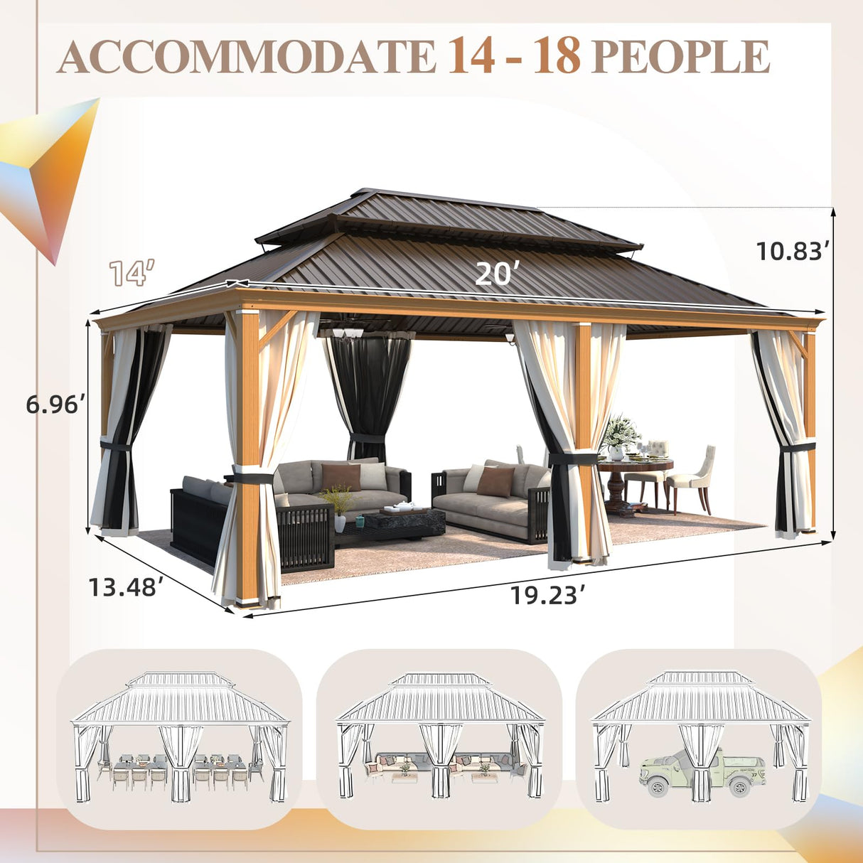 YOLENY 14' x 20' Hardtop Gazebo Faux Wood Grain Metal Gazebo with Aluminum Frame, Galvanized Steel Double Roof, Outdoor Patio Gazebo Pergolas with Netting and Curtains for Backyard, Patio, Lawns YOLENY
