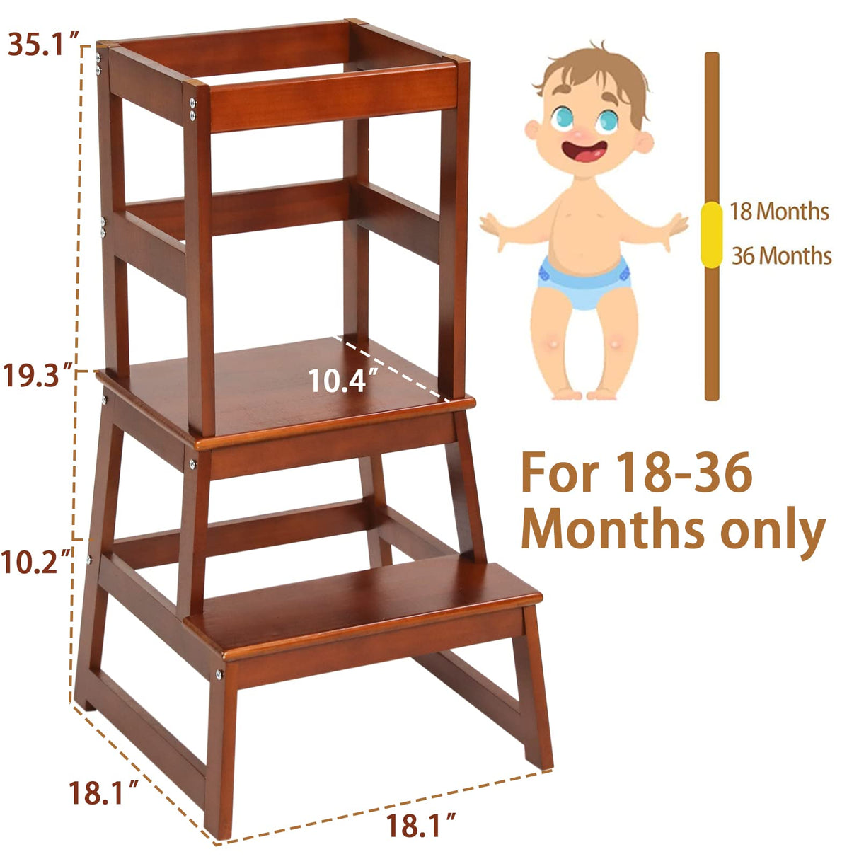 Kids Kitchen Step Stool for Kids with Safety Rail,Solid Wood Construction Toddler Learning Stool, Montessori Toddlers Kitchen Stool Tower (Walnut) Wiifo