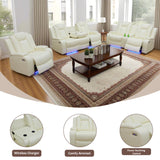 GEBADOL Leather Power Recliner Set with LED, 3-Piece Recliner Sofa and Loveseat Chair with Storage Console/Charging Port, Modern Reclining Furniture for Living Room (Cream-White, Sofa+2 Chairs) GEBADOL