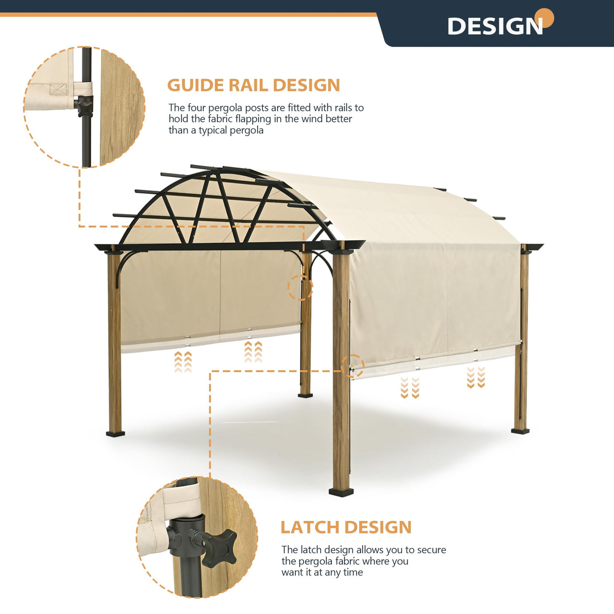 HAPPATIO 12' X 12' Outdoor Pergola with Sling Retractable Pergola Canopy, Wood-Like Aluminum Patio Pergola Shade Arched Pergola for Patio, Backyard, Garden,Poolside HAPPATIO