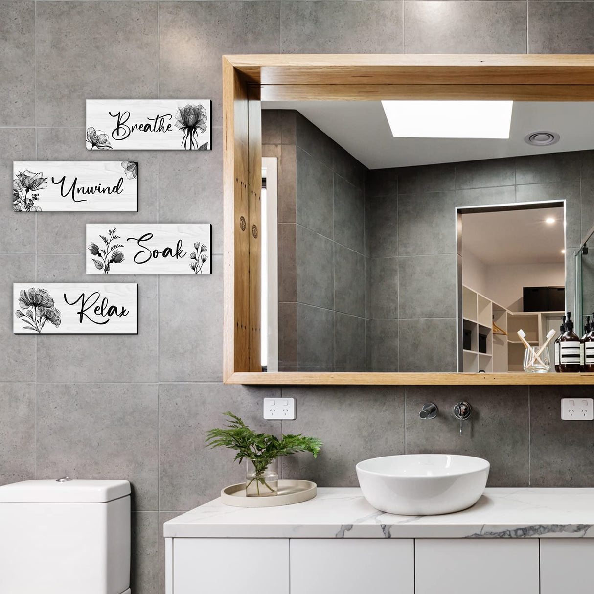 4 Pieces Bathroom Wall Art Rustic Farmhouse Decor Sign Relax Soak Unwind Breathe Wood Hanging Sign for Home Spa Bathroom Laundry Decor Utuichuo