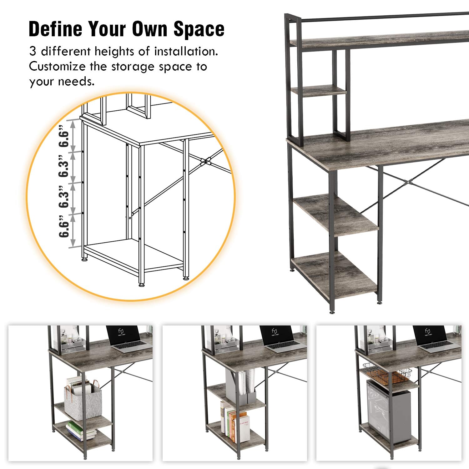 Nost & Host Rustic Grey Computer Desk with Hutch and Adjustable Shelves for Home Office and Gaming - WoodArtSupply