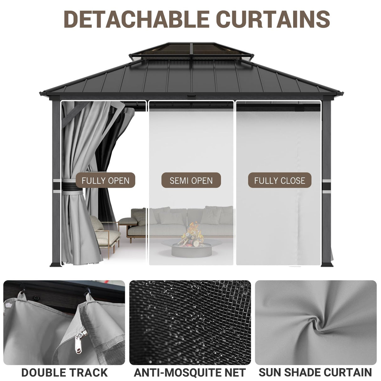 UDPATIO 12'x14'Hardtop Gazebo, Heavy Duty Aluminum Patio Gazebo with Double Galvanized Steel and Polycarbonate Roof,Curtains and Netting Included, Large Outdoor Gazebo for Patio, Deck, Backyard, Grey UDPATIO