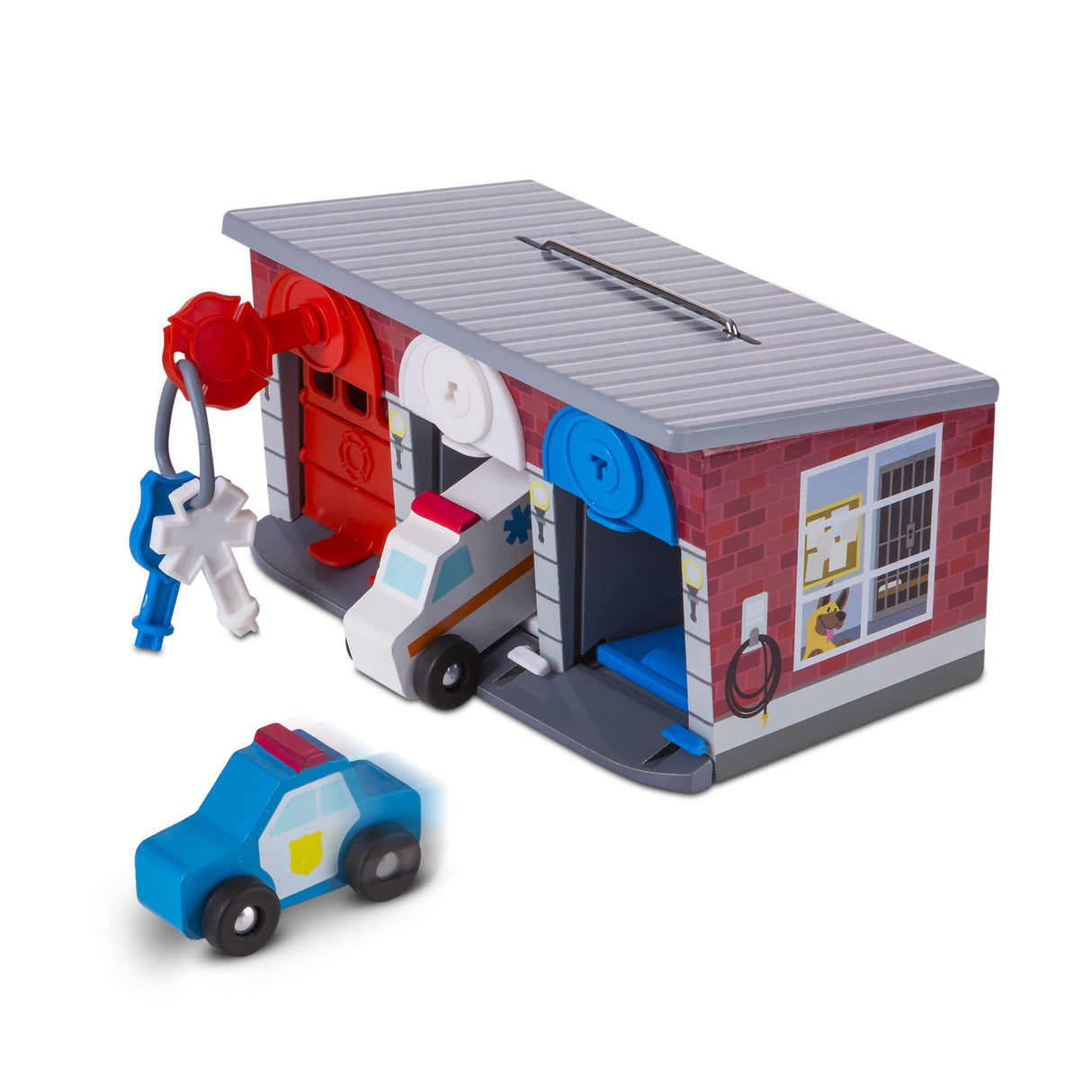 Melissa & Doug Toy Keys and Cars Wooden Rescue Vehicles and Garage (7 pcs) Red, for 36 months to 72 months Melissa & Doug