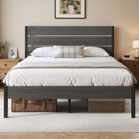 Fluest Queen Bed Frame with Headboard and Footboard, Metal Platform Bed Frame with Under Bed Storage, All-Metal Support System, No Box Spring Needed, Easy Assembly,Vintage Grey Fluest