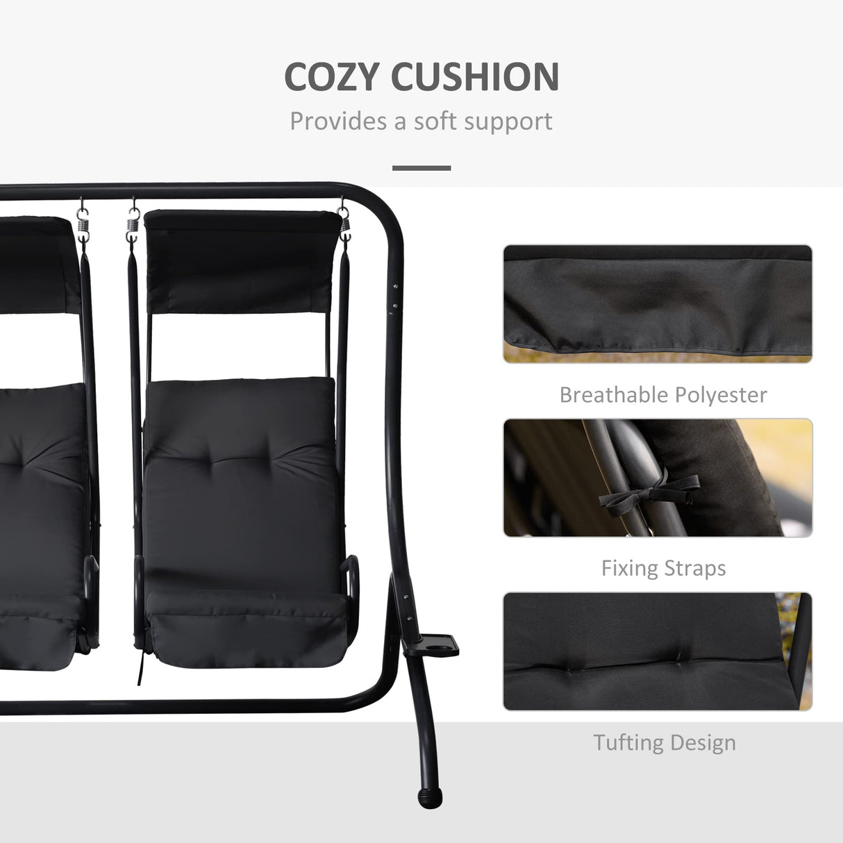 Outsunny Patio Swing Chair with 2 Separate Seats, Outdoor Swing Glider with Removable Canopy and Cup Holders, for Porch, Garden, Poolside, Backyard, Black Outsunny