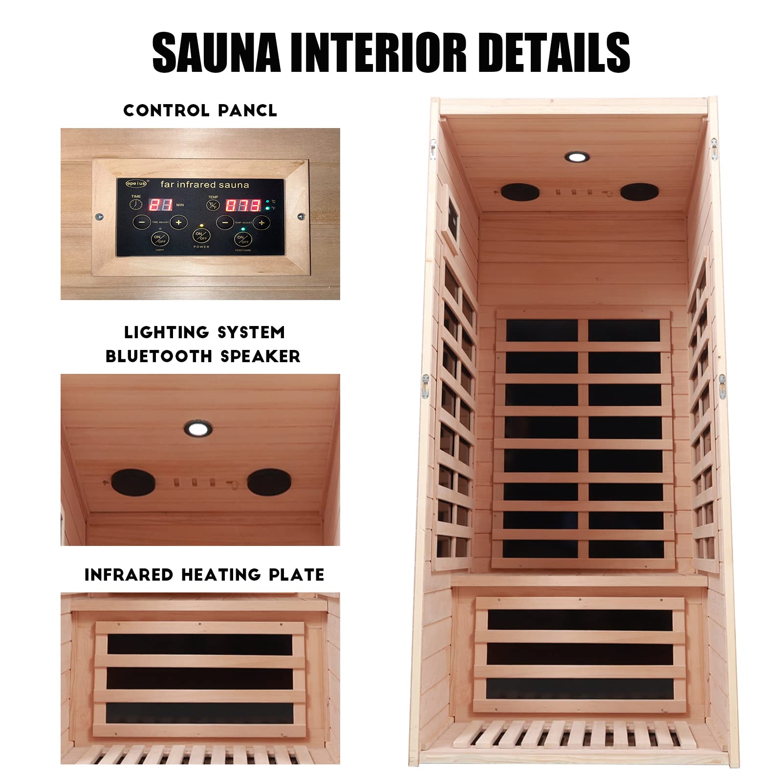 KUNSANA 1 Person Infrared Sauna, Home Sauna, Hemlock Wood Far Infrared Sauna, 1,200watt, Low EMF FAR Infrared with Bluetooth, LCD, LED Lights, for Home Indoor - WoodArtSupply