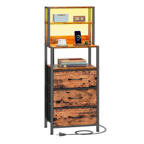 Furnulem Night Stand, Tall Nightstand with 4-Tier Shelves and 3 Fabric Drawers, LED Bed Side Tables with Charging Station, Bedside Table for Bedroom, Hallway, Office, Rustic Brown Furnulem