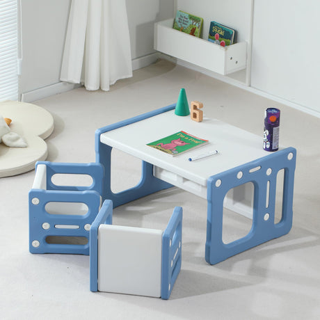 SINKIPA 3 in 1 Montessori Weaning Table and 2 Chairs Set, Kids Table and Chair Set, 2 Height Levels, Toddlers Activity Table for Drawing, Dining, Reading and Playing, Blue SINKIPA