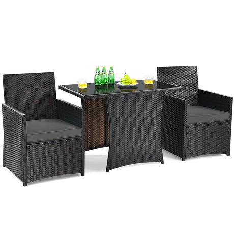 DORTALA 3 Pieces Patio Dining Set, Outdoor Rattan Bistro Set with Cushions, Tempered Glass Tabletop, Wicker Conversation Set for Garden Backyard Poolside Porch, Grey DORTALA