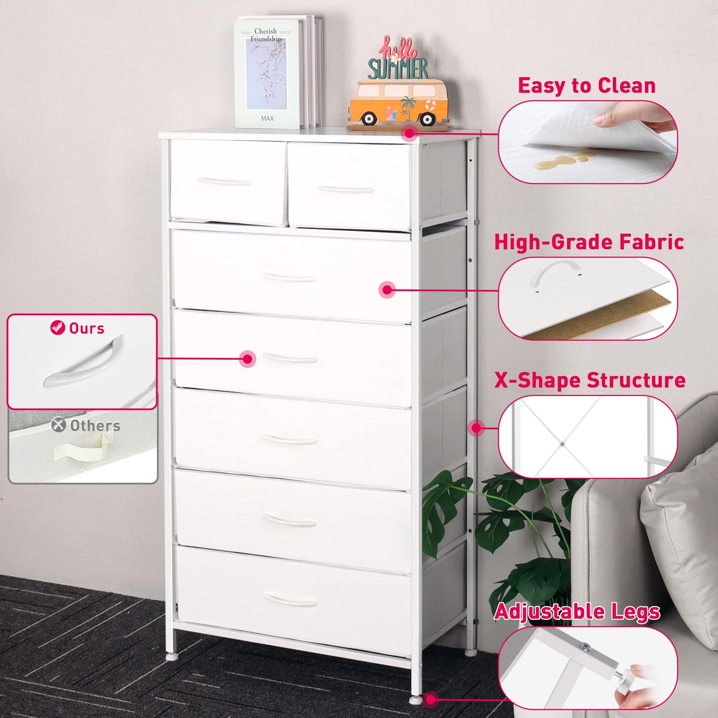 Mifuro Tall Dresser for Bedroom, Vertical Storage Organizer Tower with 7 Drawers, Chest of Drawers with Fabric Bins, Steel Frame, Wood Top for Bedroom, Closet, Entryway- White