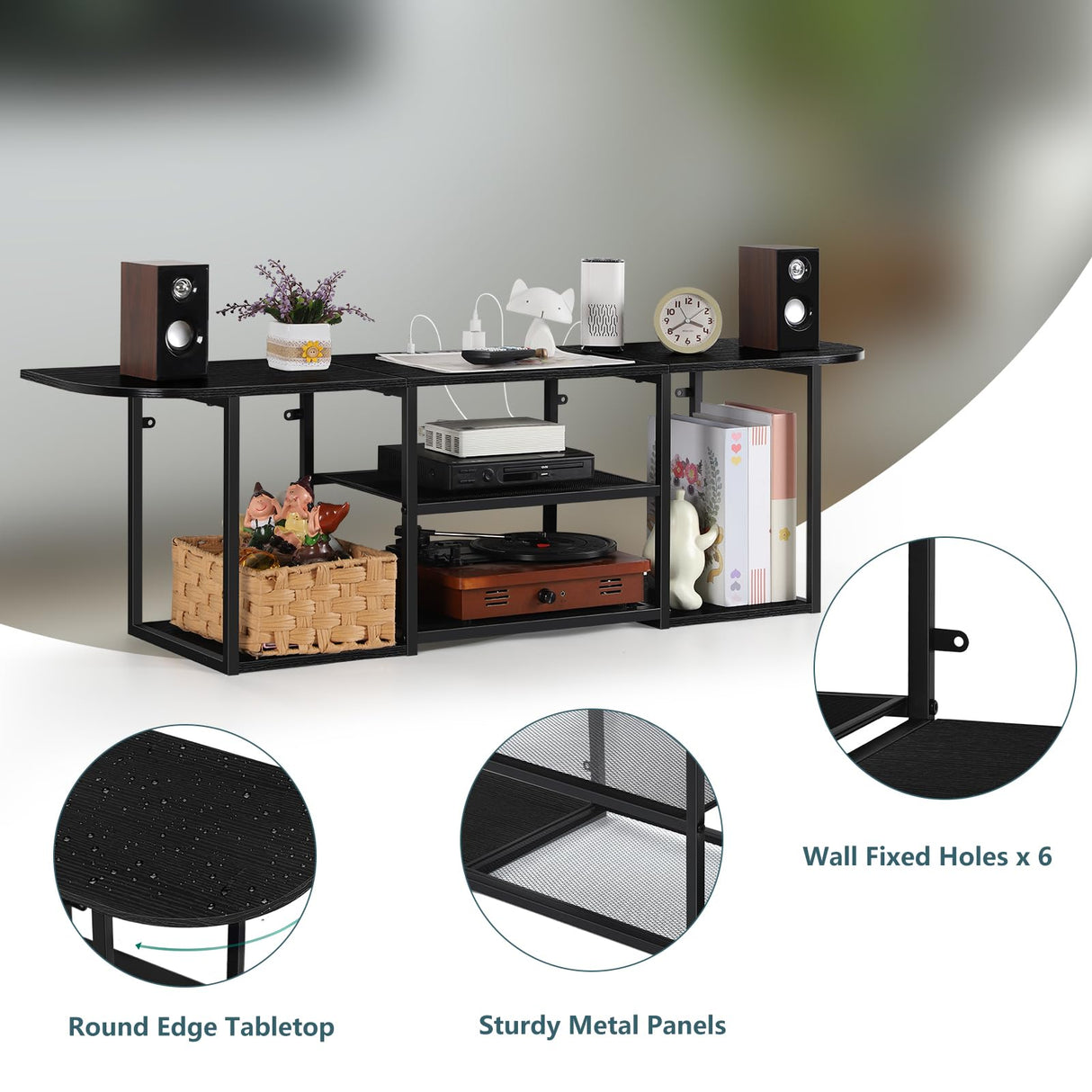 ETELI Floating TV Stand with Power Outlet Wall Mounted Under TV Shelf with Storage Floating Entertainment Center Media Console Table for Living Room Bedroom Office, Black ETELI