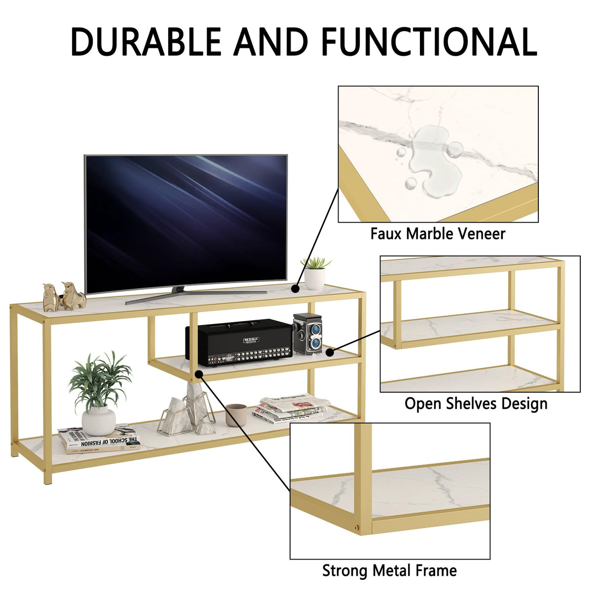 Function Home TV Stand for TVs up to 55 Inch, 3 Tier Entertainment Center, Media Console with Open Storage Shelves for Living Room Bedroom, 47” Modern TV Table with Faux Marble Top Gold Metal Leg Function Home