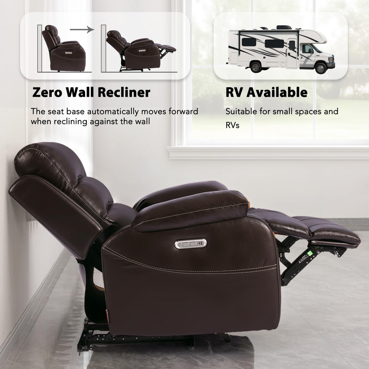 EONIX Real Zero Clearance Wall Hugger Recliners, Power RV Recliner Chairs for Small Spaces, Dual Motor Home Theater Recliners with Massage and Heat, SXXY003992, Dark Brown EONIX