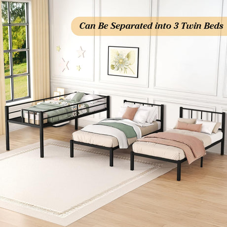HKOLIE Twin Over Twin & Twin Bunk Beds for 3, Triple Bunk Bed for 3 with Guardrails, Ladder & Upper-Bed Platform, for Children, Teens, Adults, No Box Spring Needed (Detachable Triple Bunk Bed) HKOLIE