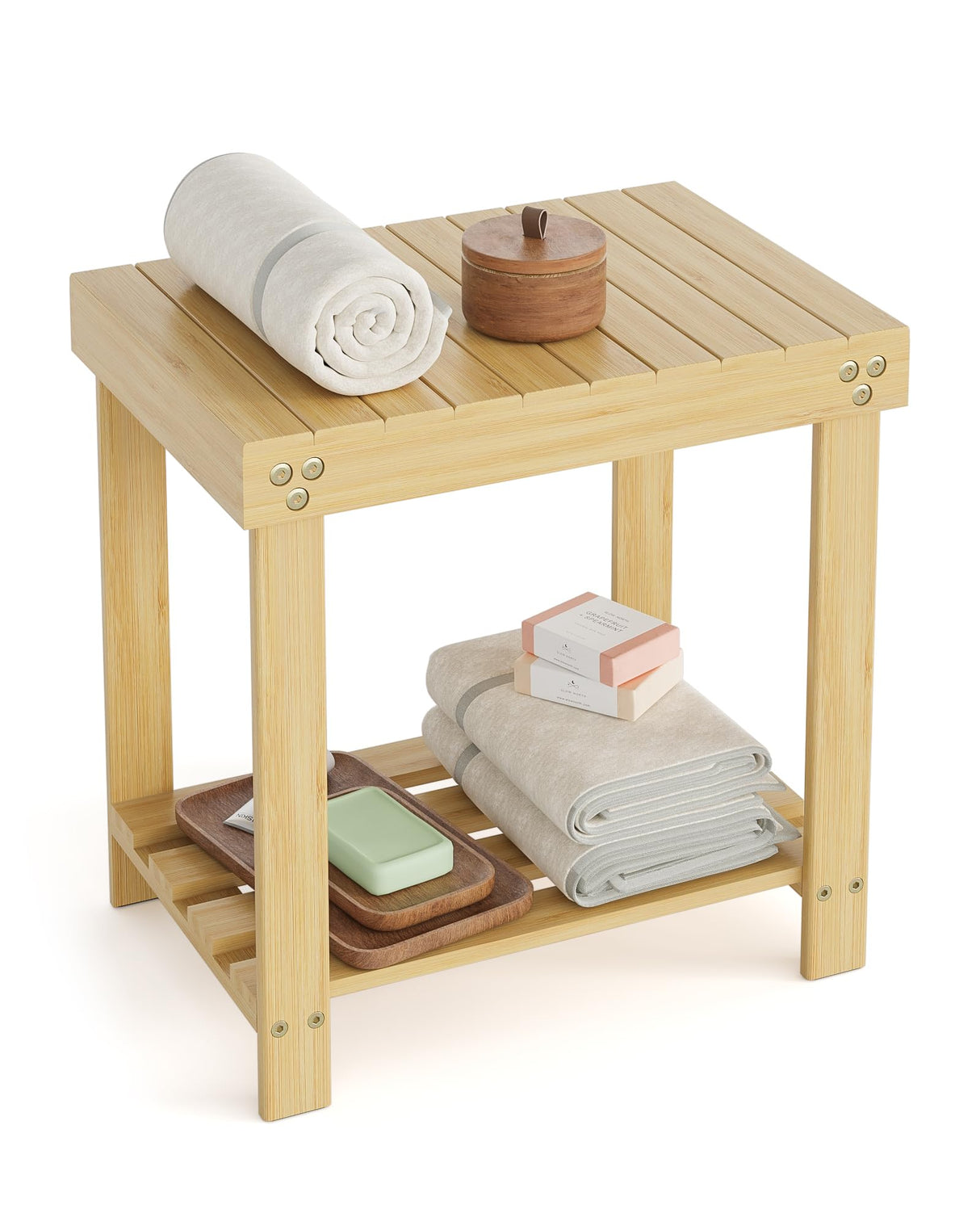 Bamneat Small Bamboo Bathroom Shower Bench with Storage Shelf, Durable Shower Stool for Shaving Legs, Indoor and Outdoor Use, Natural Bamneat