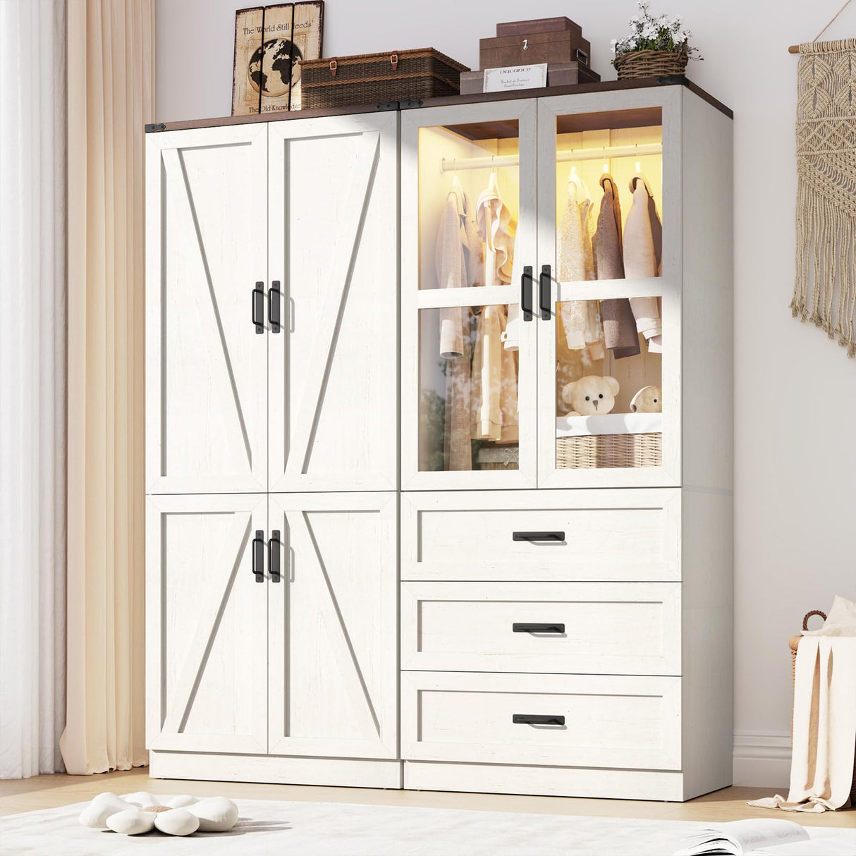 75" Tall Farmhouse 4 Doors Armoire Wardrobe Closet with 3 Drawers and LED,Freestanding Closet Wardrobe Cabinet for Bedroom with Hanging Rod,Wooden Armoire Storage Cabinet Adjustable(Rustic Off White) Hlivelood