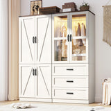 75" Tall Farmhouse 4 Doors Armoire Wardrobe Closet with 3 Drawers and LED,Freestanding Closet Wardrobe Cabinet for Bedroom with Hanging Rod,Wooden Armoire Storage Cabinet Adjustable(Rustic Off White) Hlivelood