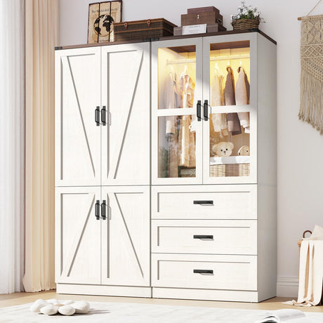 75" Tall Farmhouse 4 Doors Armoire Wardrobe Closet with 3 Drawers and LED,Freestanding Closet Wardrobe Cabinet for Bedroom with Hanging Rod,Wooden Armoire Storage Cabinet Adjustable(Rustic Off White) Hlivelood