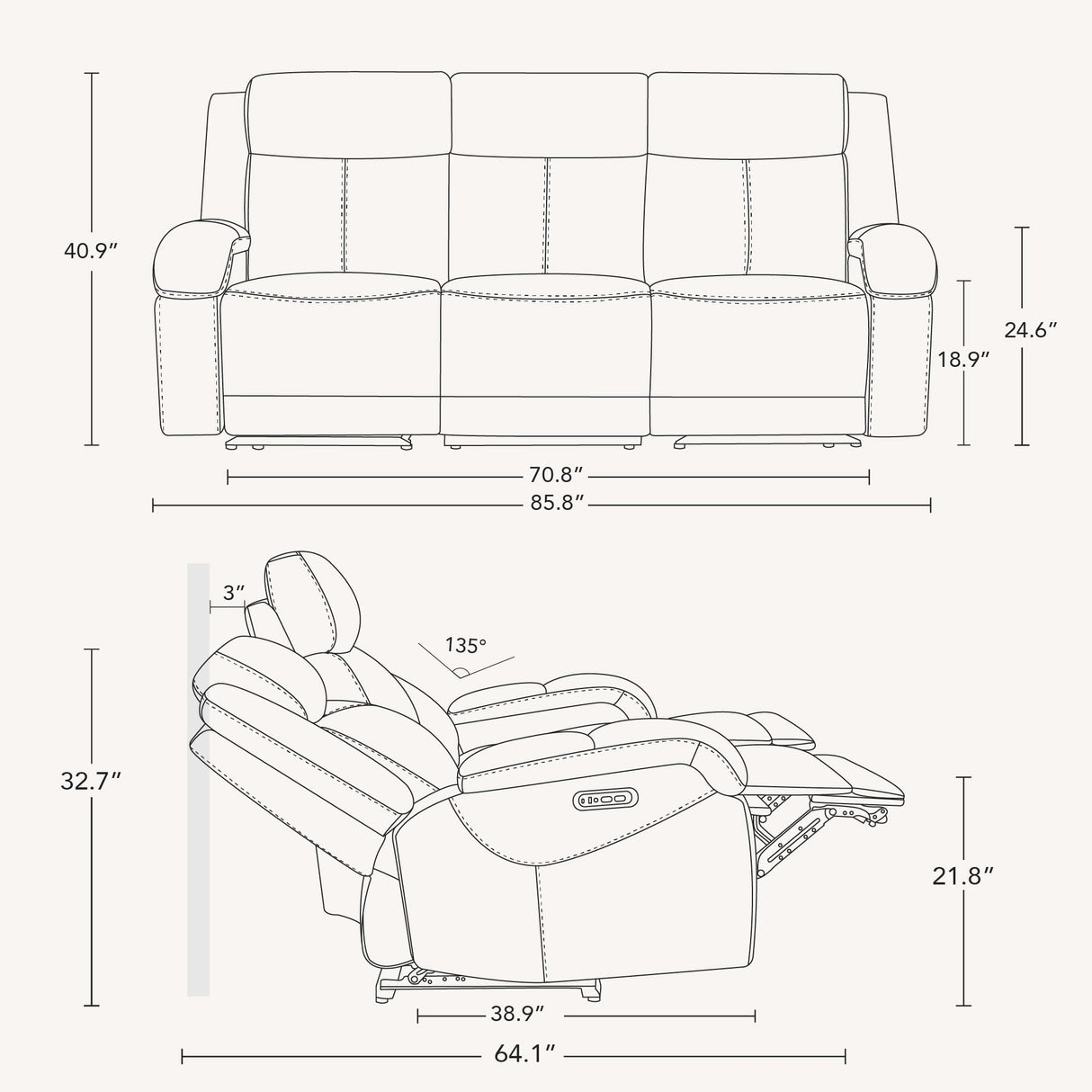 Watson & Whitely Genuine Leather Power Recliner Sofa, 3 Seater Wall Hugger Reclining Sofas with Power Headrest, USB & TypeC Ports, Electric Recliner Couch Set for Living Room, Saddle Brown Watson & Whitely
