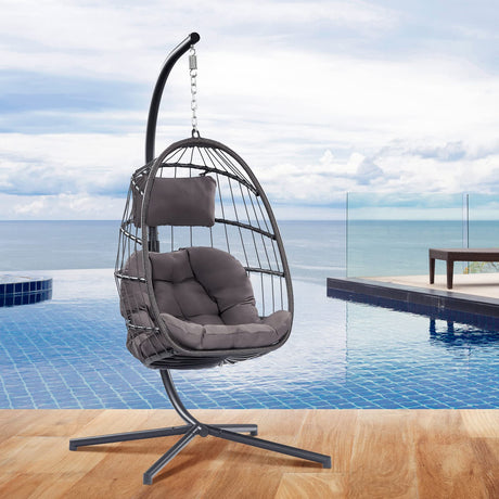 XIAO WEI Egg Chair with Stand - Patio Rattan Wicker Hanging Swing Egg Chair Hammock Chair for Indoor Outdoor Bedroom Garden - Aluminum Steel Frame and UV Resistant Cushion 350LBS Capacity (Dark Grey) XIAO WEI