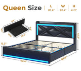 HAUOMS Queen Size Upholstered LED Bed Frame with Storage Headboard and 4 Drawers in PU Black HAUOMS