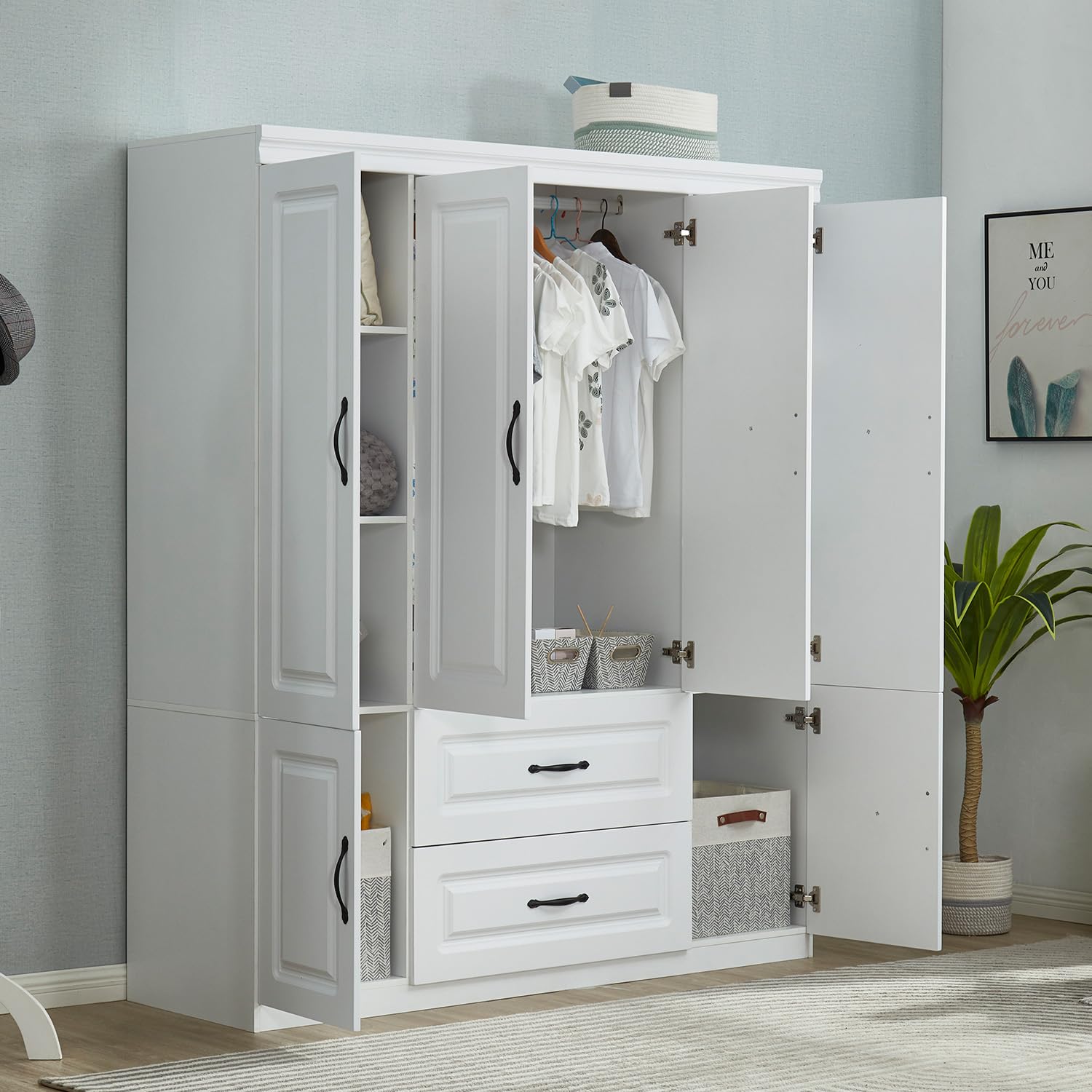 LivelyLodge 74" H Closet with Doors White Wooden Armoire Wardrobe Closet Freestanding Clothes Storage Closet Bedroom Armoires Wood Wardrobe Storage Closet Cabinet with Hanging Rod Shelf 2 Dra - WoodArtSupply