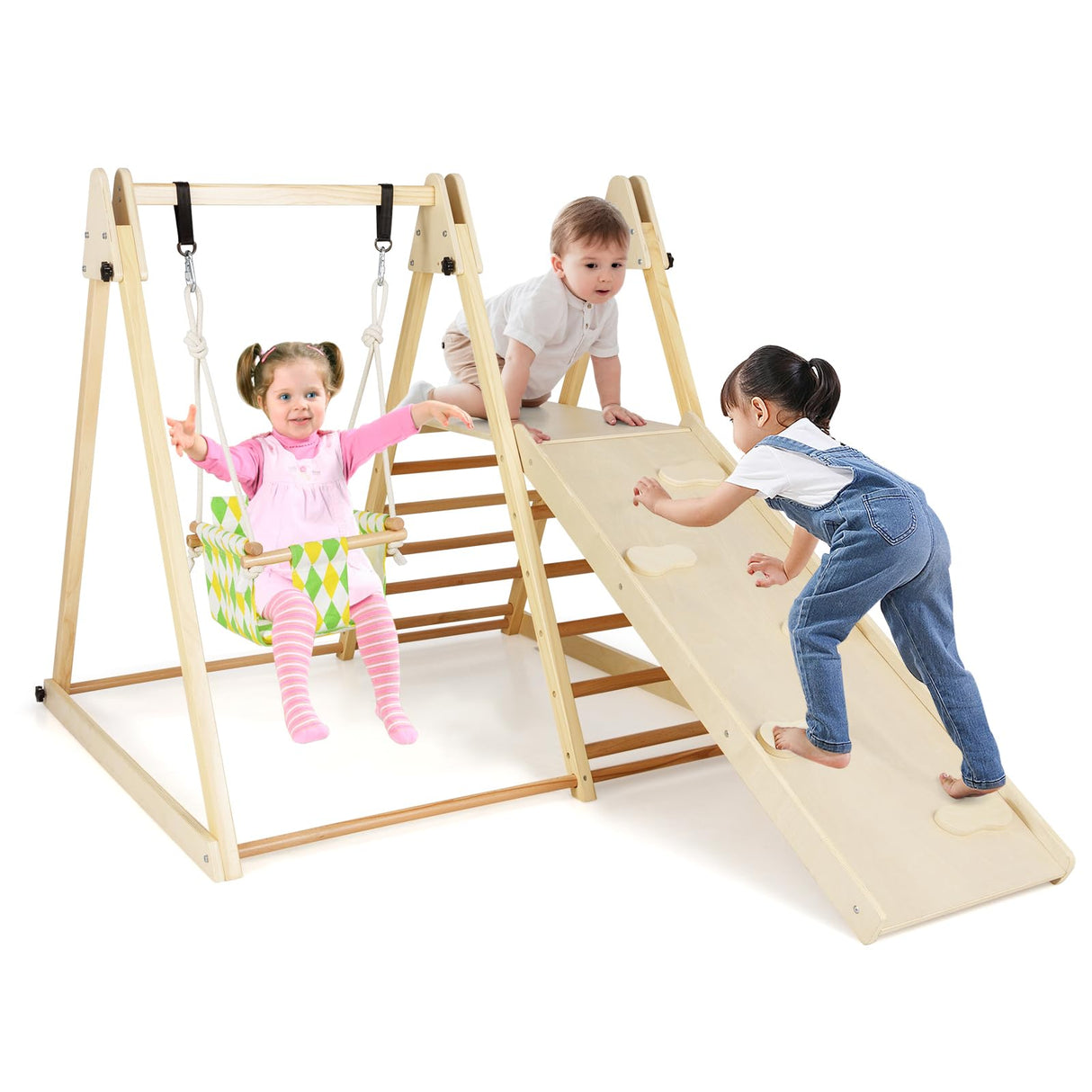 HONEY JOY Kids Indoor Jungle Gym, 4-in-1 Toddler Climbing Toy w/Baby Swing, Climber, Ladder, Climbing Ramp, Resting Platform, Wooden Montessori Playground Playset for Kids Aged 1+ (Natural) HONEY JOY